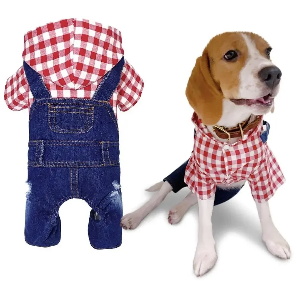 Pet Dog Denim Overalls Red Plaid Shirt Set XL